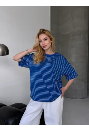 Kadın Oversize Çizgili Tişört Lacivert