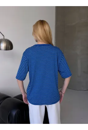 Kadın Oversize Çizgili Tişört Lacivert