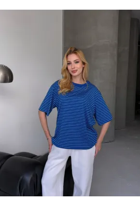 Kadın Oversize Çizgili Tişört Lacivert