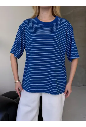 Kadın Oversize Çizgili Tişört Lacivert