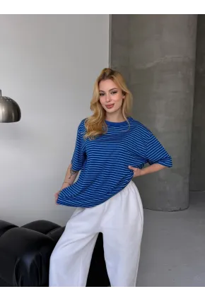 Kadın Oversize Çizgili Tişört Lacivert