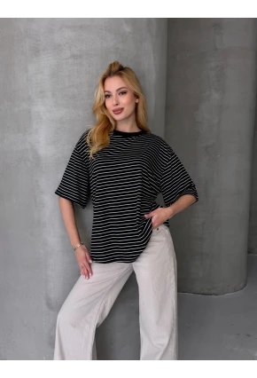 Kadın Oversize Çizgili Tişört Siyah