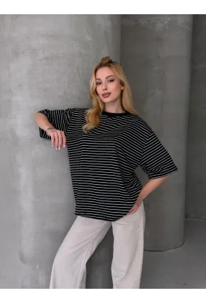 Kadın Oversize Çizgili Tişört Siyah