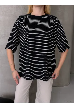 Kadın Oversize Çizgili Tişört Siyah
