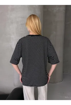 Kadın Oversize Çizgili Tişört Siyah