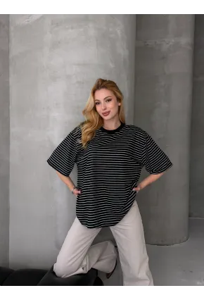 Kadın Oversize Çizgili Tişört Siyah
