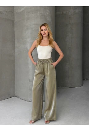 Kadın Parlak Saten Bol Paça Pantolon