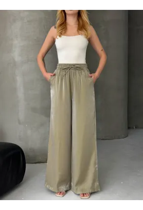 Kadın Parlak Saten Bol Paça Pantolon