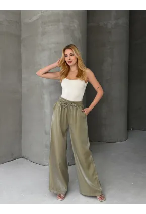 Kadın Parlak Saten Bol Paça Pantolon
