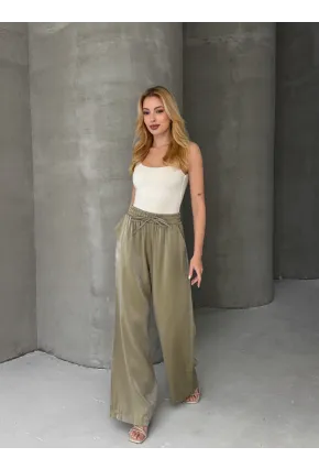 Kadın Parlak Saten Bol Paça Pantolon