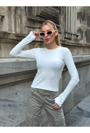 Kadın Parmak Geçmeli Uzun Kollu Bluz Beyaz