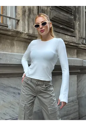 Kadın Parmak Geçmeli Uzun Kollu Bluz Beyaz