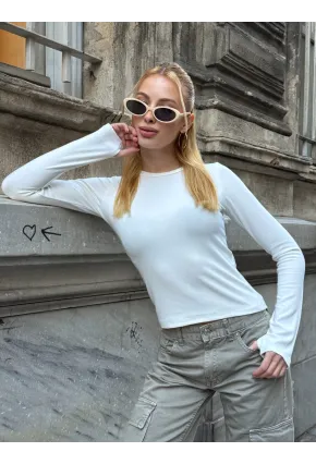 Kadın Parmak Geçmeli Uzun Kollu Bluz Beyaz