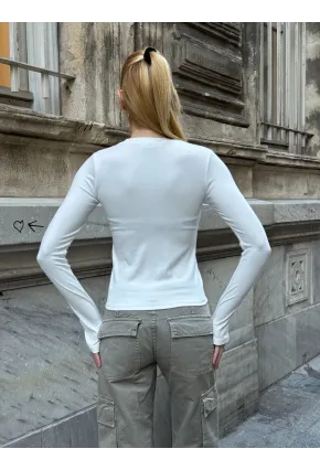 Kadın Parmak Geçmeli Uzun Kollu Bluz Beyaz
