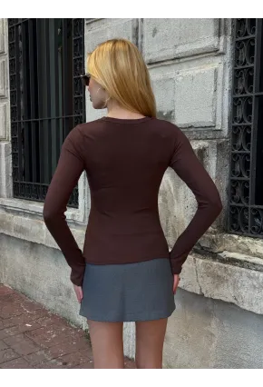 Kadın Parmak Geçmeli Uzun Kollu Bluz Kahve