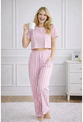 Kadın Pembe Çizgili Crop Üst ve Alt Pijama Takımı