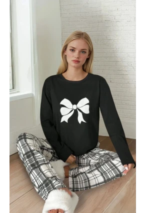 Kadın Ekose Fiyonk Baskılı Pijama Takım