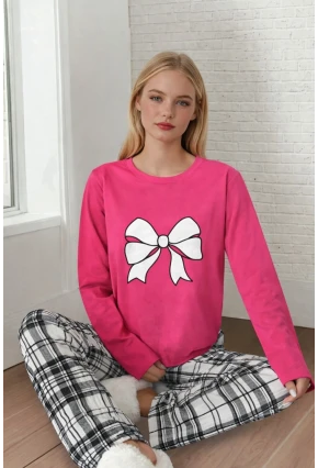 Kadın Ekose Fiyonk Baskılı Pijama Takım