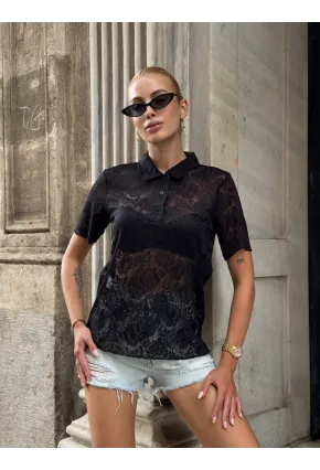 Kadın Polo Yaka Dantel Gömlek