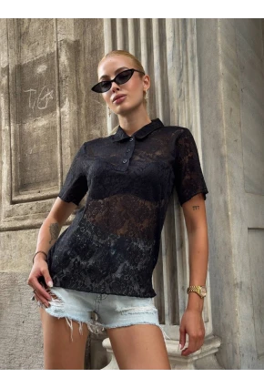 Kadın Polo Yaka Dantel Gömlek