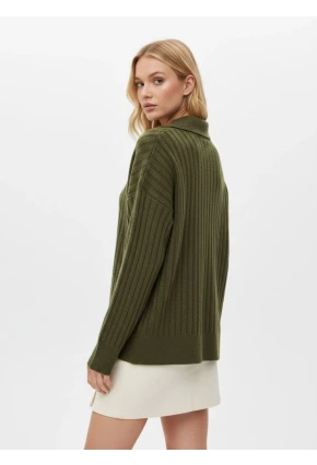 Kadın Polo Yaka Fitilli Triko Kazak Haki