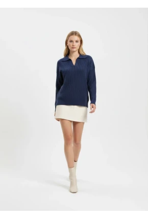 Kadın Polo Yaka Fitilli Triko Kazak Lacivert