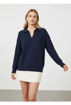 Kadın Polo Yaka Fitilli Triko Kazak Lacivert