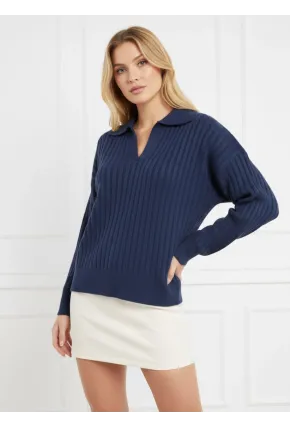 Kadın Polo Yaka Fitilli Triko Kazak Lacivert