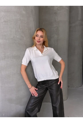 Kadın Polo Yaka Kısa Kollu Triko Bluz