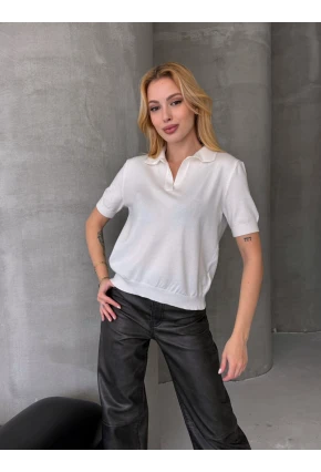 Kadın Polo Yaka Kısa Kollu Triko Bluz