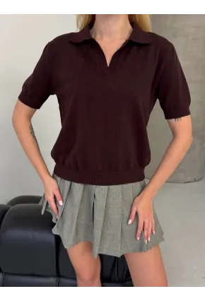 Kadın Polo Yaka Kısa Kollu Triko Bluz
