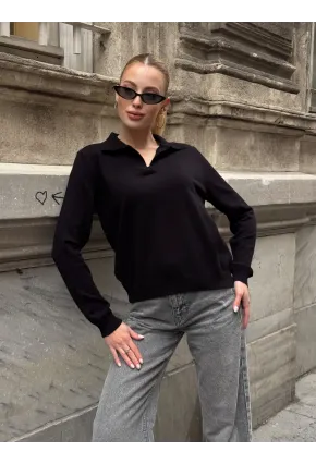 Kadın Polo Yaka Kısa Kollu Triko Bluz
