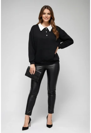 Kadın Polo Yaka Siyah Sweatshirt