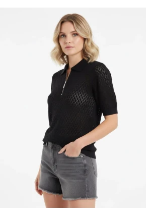 Kadın Polo Yaka Yarım Pat Fermuar Ajurlu Triko Bluz