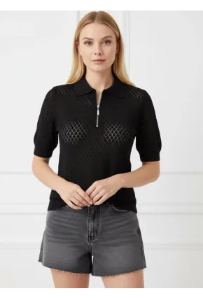 Kadın Polo Yaka Yarım Pat Fermuar Ajurlu Triko Bluz