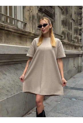 Kadın Rahat Kesim Soft Kısa Elbise Bej