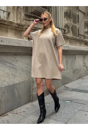 Kadın Rahat Kesim Soft Kısa Elbise Bej
