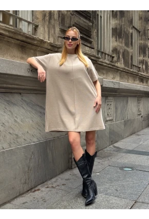 Kadın Rahat Kesim Soft Kısa Elbise Bej