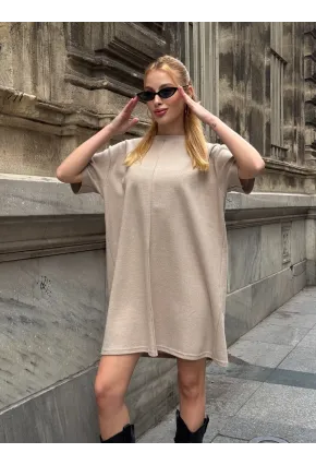 Kadın Rahat Kesim Soft Kısa Elbise Bej