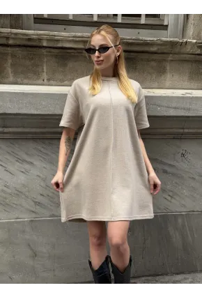 Kadın Rahat Kesim Soft Kısa Elbise Bej