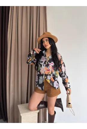 Kadın Renkli Çiçek Desenli Saten Gömlek