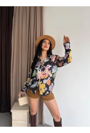 Kadın Renkli Çiçek Desenli Saten Gömlek