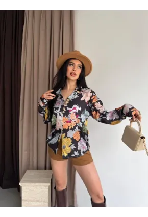 Kadın Renkli Çiçek Desenli Saten Gömlek