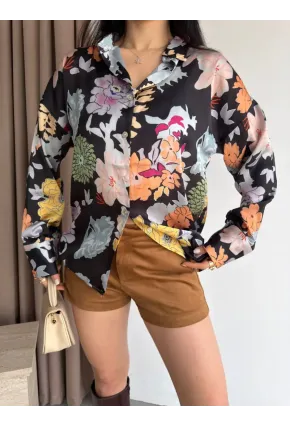 Kadın Renkli Çiçek Desenli Saten Gömlek