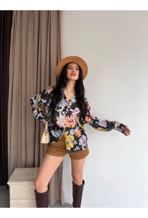 Kadın Renkli Çiçek Desenli Saten Gömlek