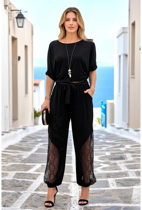 Kadın Şalvar Kesim Güpür Detaylı Kuşaklı Pantolon