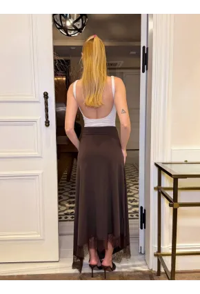 Kadın Sandy Kumaş Dantel Detaylı Yırtmaçlı Uzun Kahve Etek