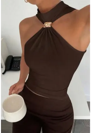 Kadın Sandy Kumaş Yaka Detay Bluz Kahve