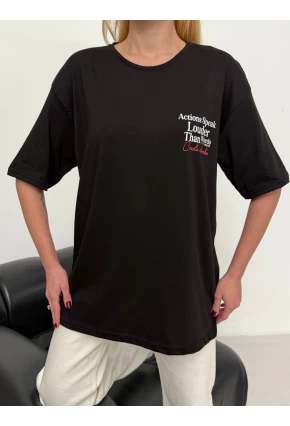 Kadın Sırt Baskılı Oversize Siyah T-Shirt