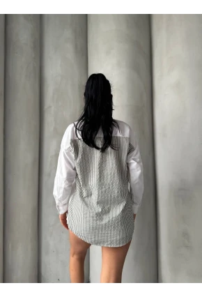 Kadın Sırt ve Cebi Çizgili Bloklu Uzun Kollu Gömlek